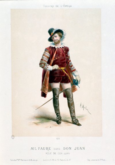 Sanger Jean-Baptiste (Jean Baptiste) Faure (1830-1914) fremfører Don Giovanni (Don Juan) i operaen med samme navn av Wolfgang Amadeus Mozart (1756-1791) under en forestilling på Operateatret i Paris. Litografi av Antony Morlon (1834-1914) Colle av Antony Paul Emile Morlon