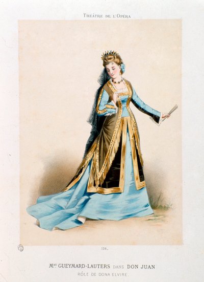 Sanger Pauline Lauters-Gueymard (Lauters Gueymard) (1834-1876) fremførte Dona Elvire i Wolfgang Amadeus Mozarts opera Don Giovanni (Don Juan) (1756-1791) under en forestilling på Operateatret i Paris. Litografi av Antony Morlon (1834-1914) Privat av Antony Paul Emile Morlon