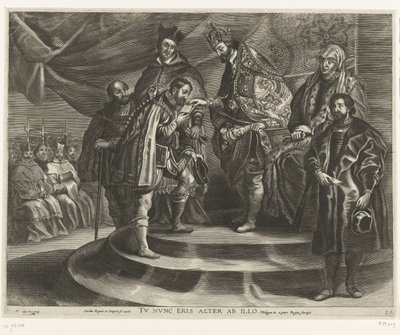 Troonsafsand van Karel V; intocht van Ferdinand te Gent i 1635 (blad 25) Charles fratok seg kongeriket og imperiet / Du vil nå bli nummer to etter ham / Filip II tar kongeriket fra sin far (tittel på objekt) av Antony van der Does