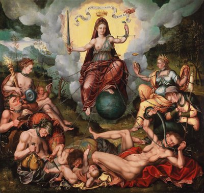 Justitia overvinner de syv dødssyndene, ca. 1600. av Antoon Claeissens