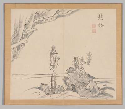 Dobbeltalbum med landskapsstudier etter Ikeno Taiga, bind 1 blad 32, 1700-tallet. av Aoki Shukuya
