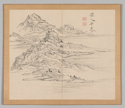Dobbeltalbum med landskapsstudier etter Ikeno Taiga, bind 1 blad 35, 1700-tallet. av Aoki Shukuya