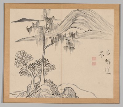 Dobbeltalbum med landskapsstudier etter Ikeno Taiga, bind 1 blad 36, 1700-tallet. av Aoki Shukuya