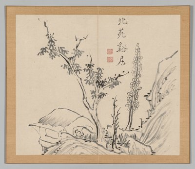 Dobbeltalbum med landskapsstudier etter Ikeno Taiga, bind 2 blad 13, 1700-tallet. av Aoki Shukuya