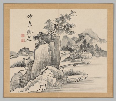 Dobbeltalbum med landskapsstudier etter Ikeno Taiga, bind 2 blad 14, 1700-tallet. av Aoki Shukuya