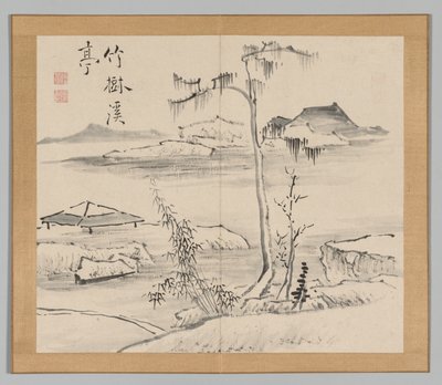 Dobbeltalbum med landskapsstudier etter Ikeno Taiga, bind 2 blad 24, 1700-tallet. av Aoki Shukuya