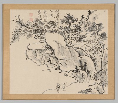 Dobbeltalbum med landskapsstudier etter Ikeno Taiga, bind 2 blad 34, 1700-tallet. av Aoki Shukuya