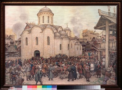 Invasjonen av Moskva av Khan Tokhtamych (Toqtamych) (død i 1406), i 1382 (Capture of the City by Golden Horde) - Verk av Appolinari Mikhaylovich Vasnetsov (1856-1933), akvarell og kull på papir av Apollinari Mikhailovich Vasnetsov