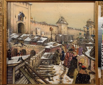 Moskva på 1600-tallet, Bokhandler på Kristus Frelser-broen (Moskva på 1600-tallet, Bokhandler på Kristus Frelser-broen) - Verk av Appolinari Mykhaylovich Vasnetsov (1856-1933), akvarell og hvitt på papp av Apollinari Mikhailovich Vasnetsov
