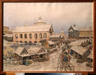 Moskva 1600-tallet, Resurrection Bridge - Verk av Appolinari Mikhaylovich Vasnetsov (1856-1933), akvarell og kull på papir av Apollinari Mikhailovich Vasnetsov