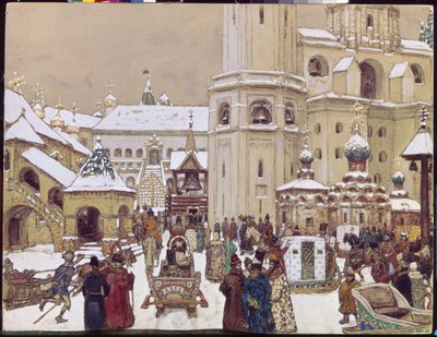 Plasser Ivan den store i Kreml på 1600-tallet. (Katedralplassen, Moskva). Verk av Appolinari Mikhaylovich Vasnetsov (1856-1933), blyant og akvarell på papir av Apollinari Mikhailovich Vasnetsov