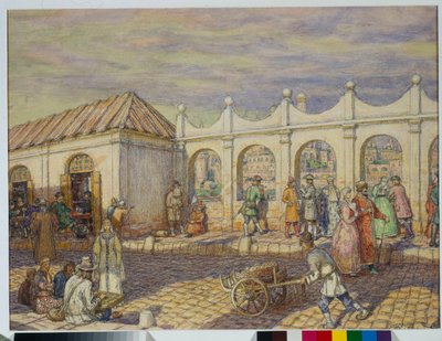 Gatebilde på Steinbroen (Allehelgensbro) i Moskva på Peter I den stores tid (1672-1725) - Kunstverk av Appolinari Mikhaylovich Vasnetsov (1856-1933) av Apollinari Mikhailovich Vasnetsov