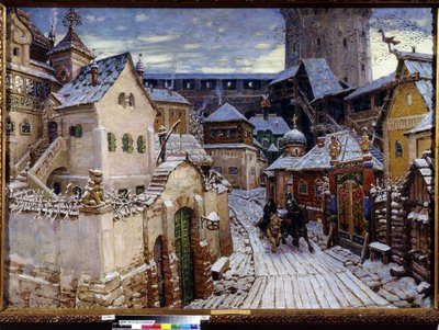 En kunngjøring. En morgen i Kreml i Moskva. (A Heralds. Om morgenen i Kreml). Maleri av Appolinari Mikhaylovich Vasnetsov (1856-1933), olje på lerret av Apollinari Mikhailovich Vasnetsov