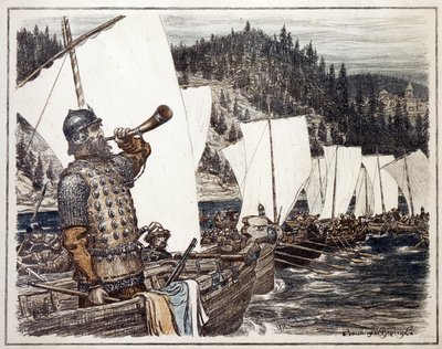 Yermak Timofeyevich (cirka 1540-1585) ved Irtysh-elven. (Yermak Timopheyevich på Irtysh). Episode av utforskningen og erobringen av Sibir, i 1583. Verk av Appolinari Mikhaylovich Vasnetsov (1856-1933), litografi 1916. Russisk kunst, 20. av Apollinari Mikhailovich Vasnetsov