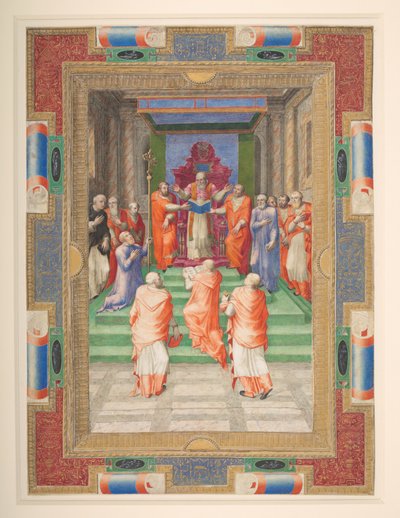 En pavelig seremoni, Paul IV står foran den pavelige trone, Add. MS 35254 Q, ca. 1555-59 (vellum) av Apollonio di Bonfratelli