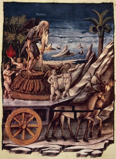 Tidens triumf, tidens vogn blir trukket av hjort, miniatyr av Apollonio di Giovanni (1415 eller 1417-ca 1465) fra Triumphs, allegorisk dikt av Francesco Petrarca (1304-1374), manuskript 1129, folio 42, verso, Italia av Apollonio di Giovanni di Tommaso