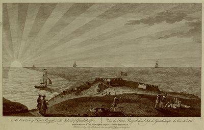 En gruppe soldater hviler på toppen av en ås i forgrunnen, med Fort Royal bortenfor, seilskuter og solen som går ned i havet i bakgrunnen av Archibald (after) Campbell