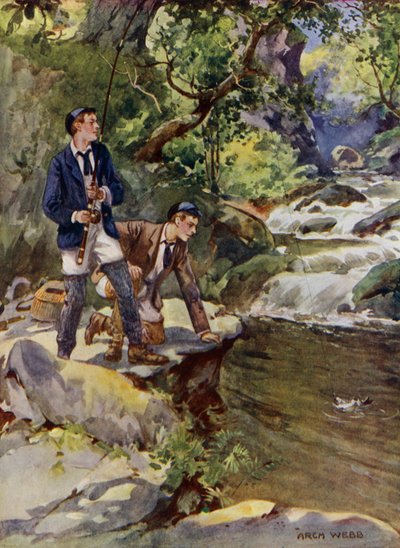 Å fange en ørret (farge litho) av Archibald Bertram (after) Webb