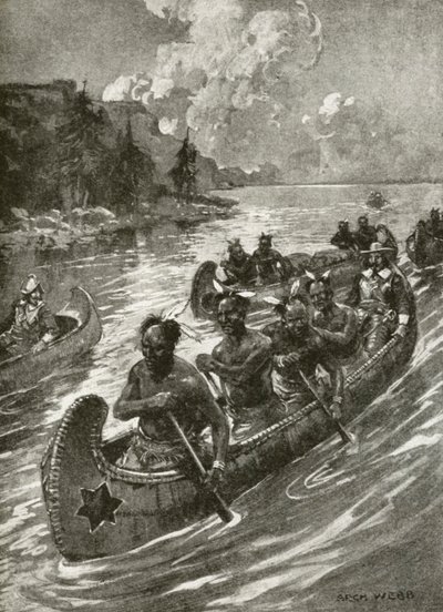 Samuel De Champlain i 1608 bestig St Lawrence-elven i kanoene til vennlige innfødte amerikanske indianere (litho) av Archibald Bertram (after) Webb