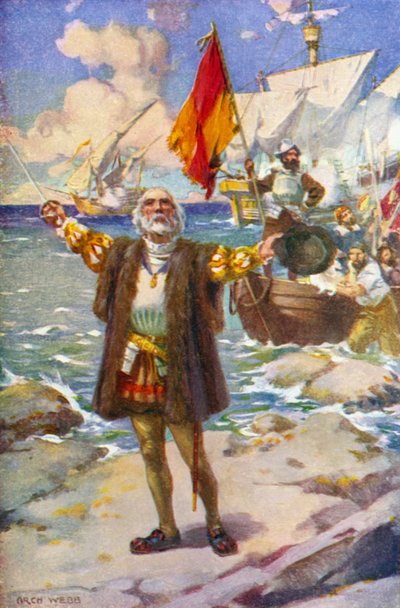 The Landing of Columbus (farge litho) av Archibald Bertram (after) Webb
