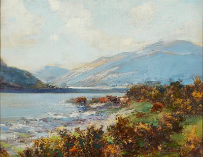 Høylandsscene med storfevanning (olje på lerret) av Archibald Kay