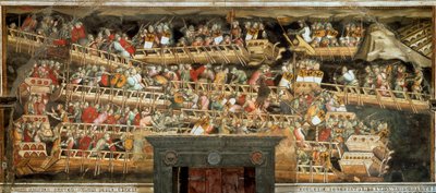 Sjøslag i Punta Salvatore, motsette hæren til Frederic Barberossa til venetianerne (Fresco av Aretino Luca Spinello or Spinelli