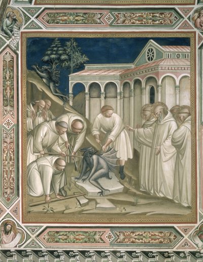 The Heavy Stone, detalj fra St. Benedikts liv (ca. 480-c. 550), i sakristiet, 1387 av Aretino Luca Spinello or Spinelli