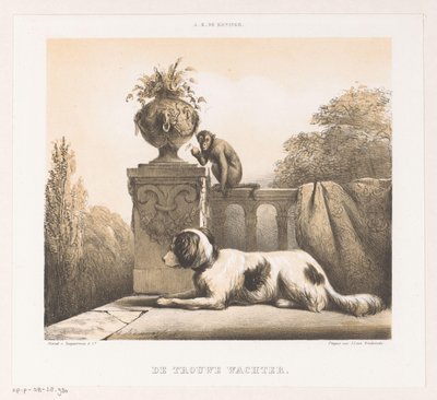Hund og ape på terrassen The Faithful Watchman (tittel på objekt) av Arie Ketting de Koningh