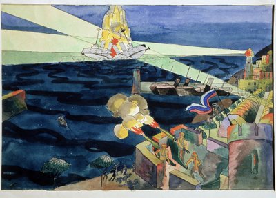 Et sjøslag. For å forsvare den befestede kysten skyter kanoner mot et slagskip som bryter fra hverandre under eksplosjoner. Arbeid av Aristarkh Vasilyevich Lentulov (Lentulov) (1882-1943), akvarell på papir av Aristarkh Vasilievic Lentulov