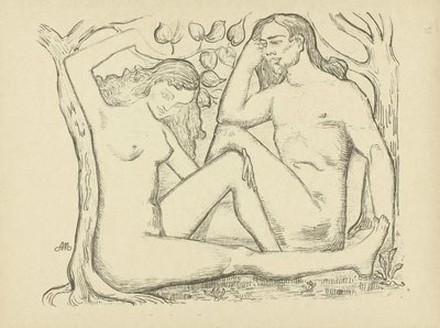 Adam og Eva sitter ved treet Naken mann og kvinne L