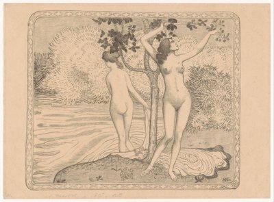 To kvinner bader under et tre ved vannkanten Deux baigneuses nues sous un arbre au bord de l