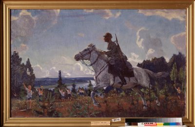 Med en rapport. (En budbringer fra et kavaleriregiment fra den røde hær galopperer gjennom landsbygda, møtt av barn i sosialistiske ungdomsuniformer). Maleri av Arkadi (Arkady) Alexandrovich Rylov (1870-1939), olje på lerret av Arkadij Aleksandrovic Rylov