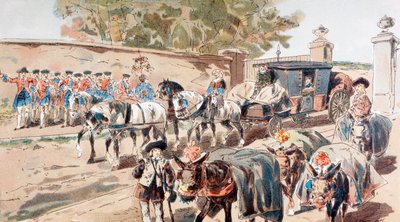 En post-chaise som går inn i en vegg med vegger og passerer mellom et band og et eseltog av Armand Jean Heins