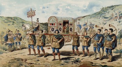 Kull med eskorte, akkompagnert av buccina-spillere. Karl den Stores tid, 900-tallet av Armand Jean Heins