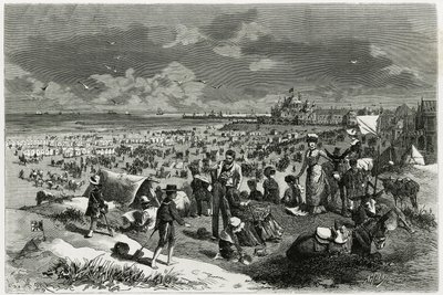 Oostende strand. Gravering av A.Heins, for å illustrere historien ""La Belgique"", av Camille Lemonnier (1844-1913), forfatter og kunstkritiker. Publisert i Tour du monde new journal des voyages av Armand Jean Heins