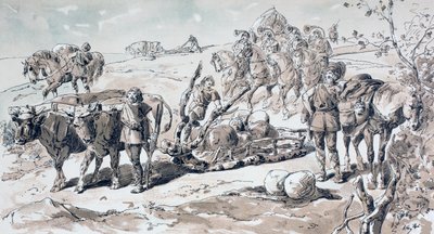 Okser tegner en primitiv slede lastet med steiner, 1886 av Armand Jean Heins