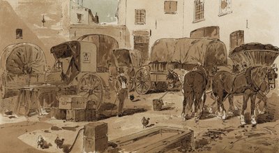 Royal Dutch Mail buss, cabriolet, vinvogn og kullvogn, 1800-tallet av Armand Jean Heins