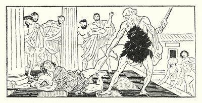 Odyssevs drar Irus ut av salen (litho) av Armand Joseph Bonamy