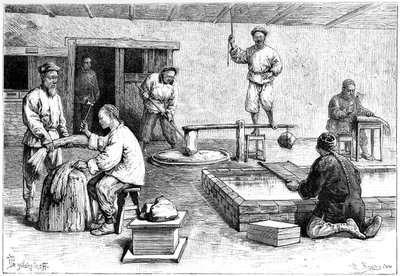 En papirfabrikk, Kina, 1895. av Armand Kohl