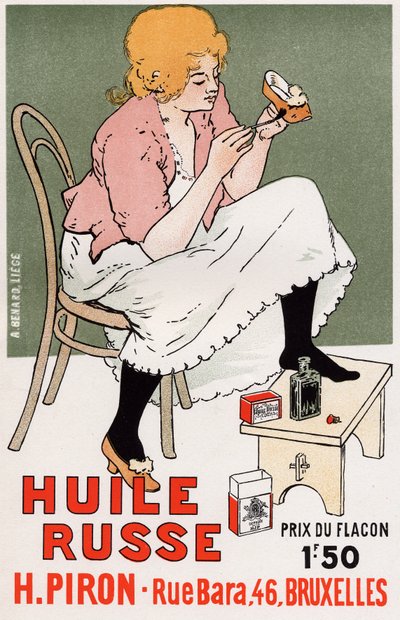 Livsstil. Fashion. Russisk olje, reparasjon av sko. Plakat av Armand Rassenfosse, Belgia, ca. 1895 (plakat) av Armand Rassenfosse