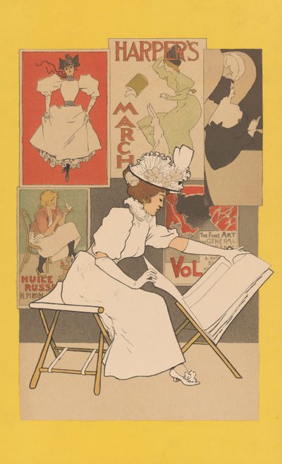 Sittende kvinne på et stativ og ser på trykk, 1897 av Armand Rassenfosse
