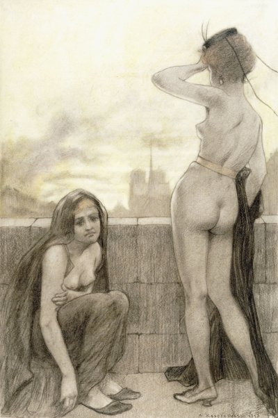 To delvis kledde kvinner ved en mur i en by av Armand Rassenfosse