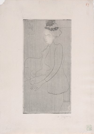 Femme assise avec chapeau a plumes (Sittende kvinne med fjærhatt) ca. 1893 (etsing) av Armand Séguin