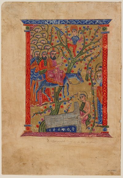 Folio fra et armensk manuskript: The Entry into Jerusalem, ca. 1500 (blekk, ugjennomsiktig wc og gull på papir) av Armenian School