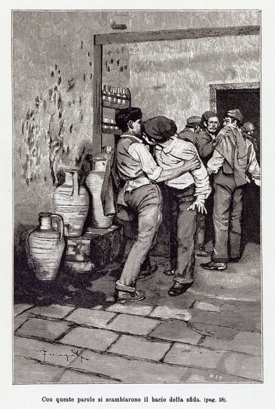 Invitasjon til den sicilianske duellen av det dødelige "kysset", faktisk et bitt i øret. Illustrasjon av Arnaldo Ferraguti for den nye "" Cavalleria Rusticana "" av Giovanni Verga. 1897 av Arnaldo Ferraguti