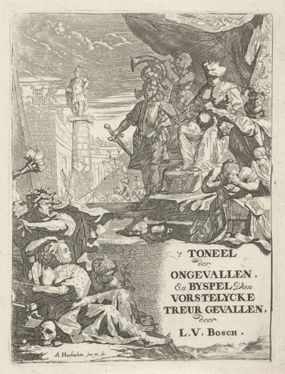 Avhuggede hoder foran en prins på en trone Tittelside for: L. van den Bos, 't Toneel der Accidents, en bijspel van lordlycke mourning, 1699 av Arnold Houbraken