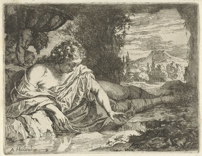 Narcissus Scene av sinnebeelden åpnet for tjeneste for malere skulptører etc. (serietittel) av Arnold Houbraken