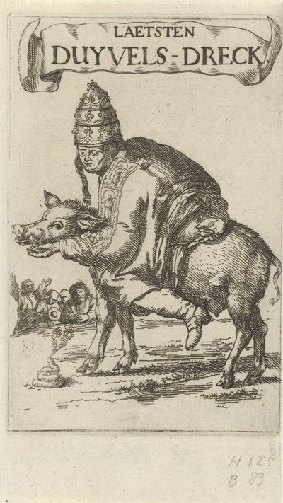 Pause på en gris Tittelblad for: J. Lydius, Laetsten duyvels-dreck, 1687 av Arnold Houbraken
