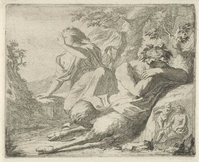 Satyr og kvinneskikkelse dekker øynene mot sollys Scene av sinnebeelden åpnet til tjeneste for malere skulptører etc. (serietittel) av Arnold Houbraken