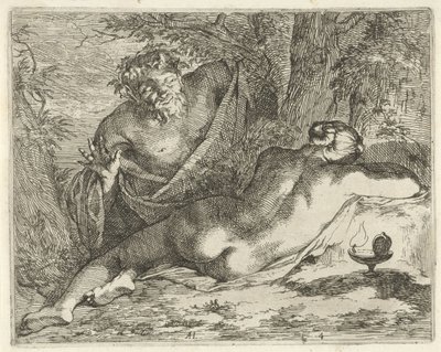 Sovende nymfe spionert av en satyr Syndebilder åpnet til tjeneste for malere, bildeholdere osv. (serietittel) av Arnold Houbraken